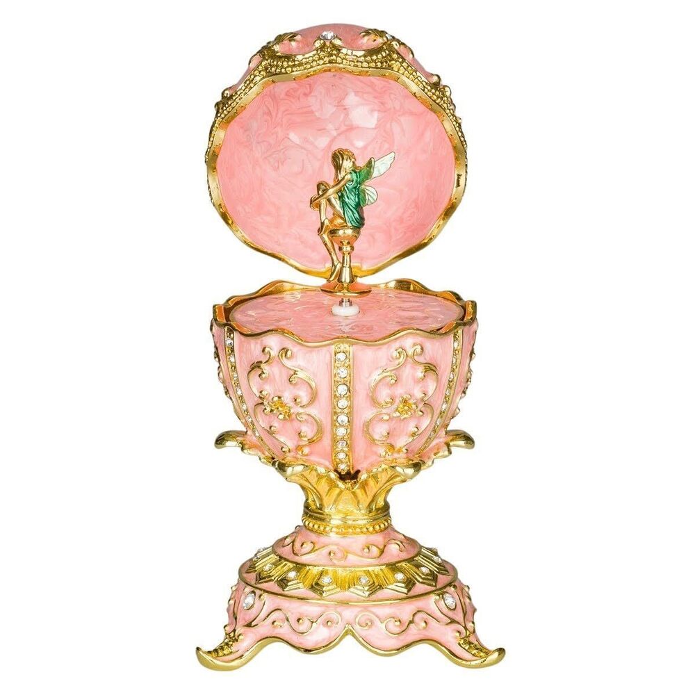 6535 Faberge Style Egg Music Box with fairy figurine 5'' 12.5 cm pink